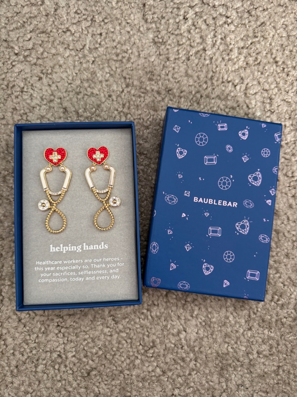 BaubleBar Gold Stethoscope Drop Earrings with Red Heart